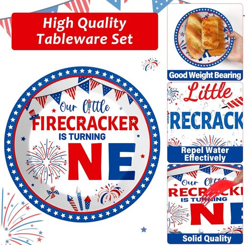 Little Firecracker 96-Piece First Birthday Party Tableware Set - Plates & Napkins for 24 Guests | 4th of July Independence Day Decorations