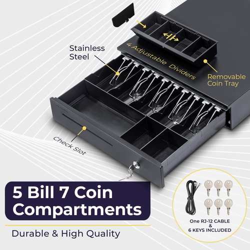 Volcora Cash Register Drawer for Point of Sale (POS) System, 5 Bill/7 Coin, 16" with Adjustable Coin Slots, 24V, RJ11/RJ12 Key-Lock, Media Slot, Black