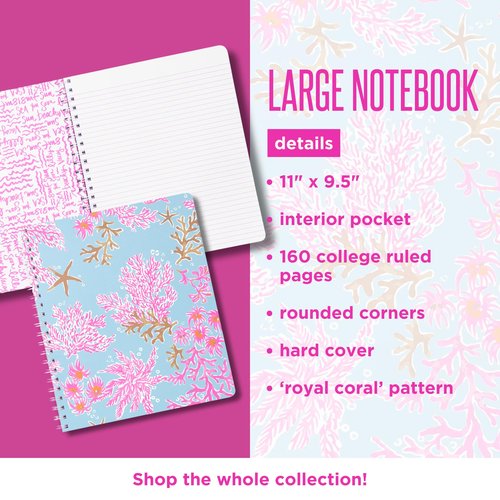 Lilly Pulitzer Large Hardcover Spiral Notebook, 11" x 9.5" with 160 College Ruled Pages (Royal Coral)