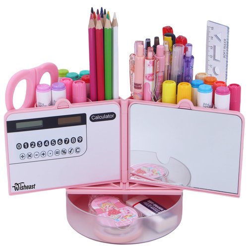 Pencil Pen Holder for Desk with Calculator, Mirror, 7 Slots 180° Opening, Desk Organizers and Accessories, Desktop Storage Stationery Supplies for Office, School, Home, Art Supply, Gifts(Pink)