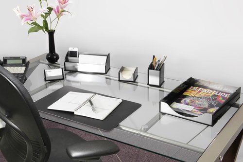 Kantek Black Acrylic and Silver Aluminum Letter Tray, Stackable Desk Organizer, 10..25" x 13.25" x 2.25", Heavy Duty, Office Organizer, Desk Accessory
