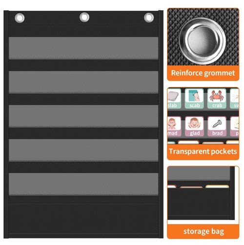 Yoink 5+1 Standard Pocket Chart, 5 Clear Pockets with 1 Extra Storage for Classroom Alphabet Learning, Kids Chore Chart, Word Wall and Sentence Strips Chart for Teachers, Black (25.2" x 17.1")