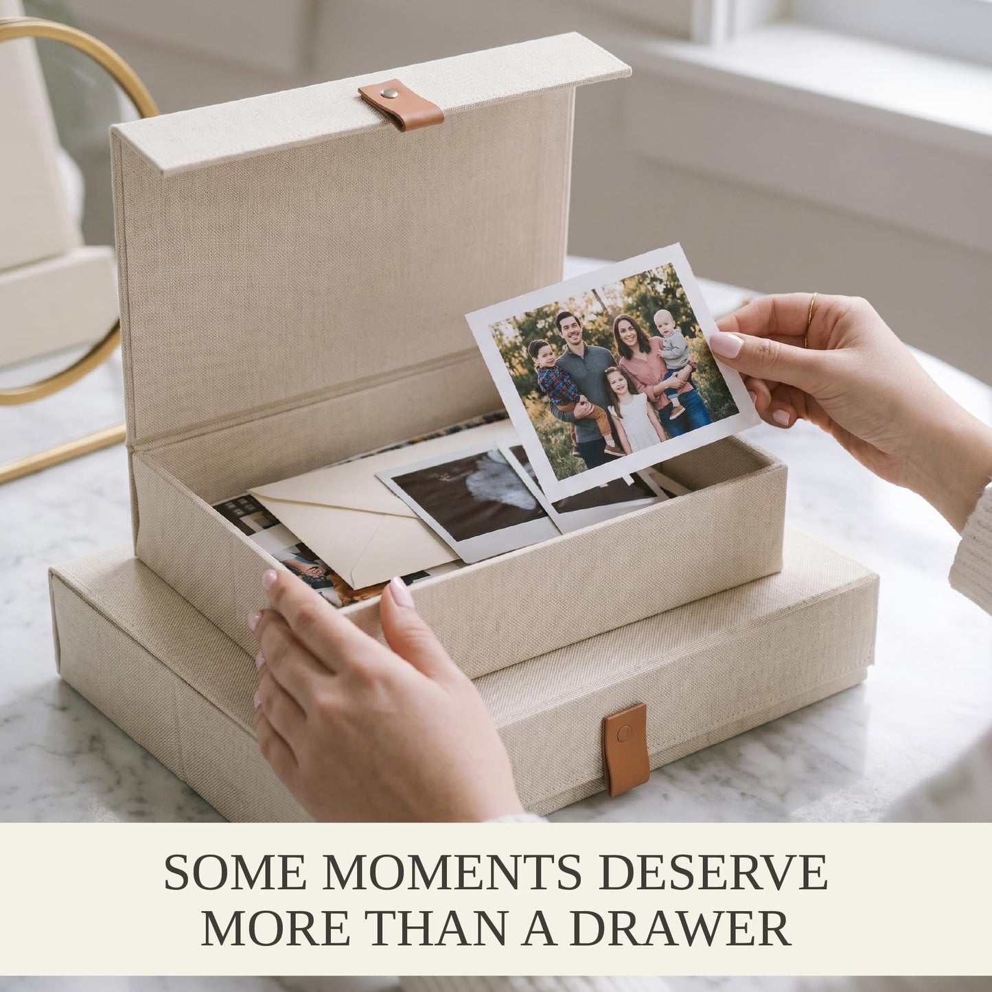 Decorative Photo Storage Boxes with Lids - Set of 2 Beautiful Linen Organizers Are Perfect to Safely Store Your Pictures, Documents, Scrapbooking Supplies, Keepsakes and Other Memories in Style