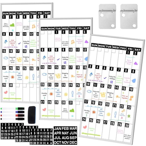 Lincia 3 Month Calendar Whiteboard 18" x 35" - Dry-Erase Planning Calendars Aluminum Framed Magnetic Board with 3 Set Magnets Labels 4 Markers & 1 Eraser for School, Classroom, Home, Office