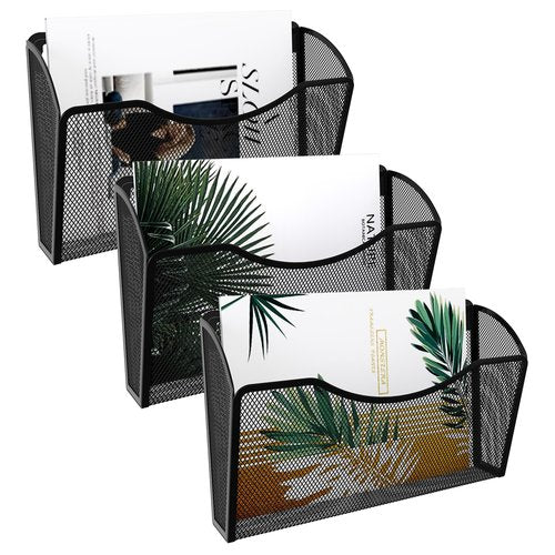 EasyPAG 3 Pack Wall File Holder, Single Mesh Hanging File Organizer for A4 Letter Size Paper, Wall Mount Paperwork Basket for Office, Home, School, Black
