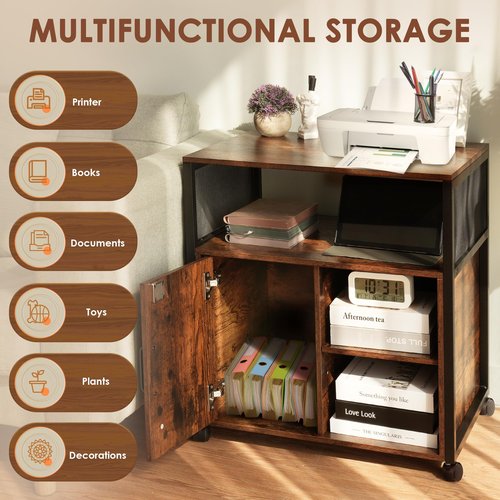Rengue Lateral File Cabinet,Locking Office Filing Cabinets with Socket and USB Charging Port,Mobile Printer Table with Wheels for Home Office Storage and Organization,Height Adjustable Storage Shelf