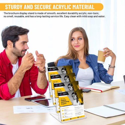 SafeWayss Acrylic Brochure Holder 8.5 x11”, 4 Tier Clear Literature Magazine Stand with Removable Divider for 4 x 9 Pamphlet Display Brochure with Business Card Holders- Wall Mount & Countertop