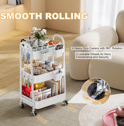 Skiennix 3-Tier Rolling Cart - Heavy-Duty Metal Organizer with Wheels for Craft, Nursery & Storage | White