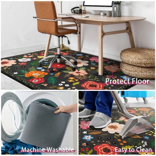 Office Chair Mat for Hardwood & Tile Floor,Boho Floral 36"x48" Office Computer Chair Mat for Rolling Chairs,Under Desk Non Slip Gaming Rug,Rubber Backing Large Low-Pile Carpet Protector Mat(Black)