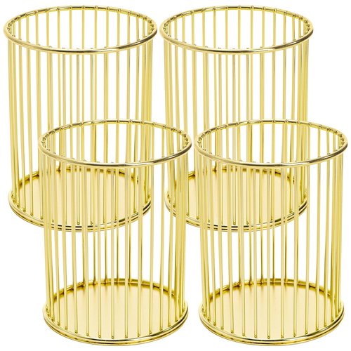 Yopay 4 Pack Pencil Cups, Round Wire Metal Pen Cups Makeup Brush Holder, Cylindrical Desktop Organizer Office School Home Supplier, Golden, 3.94" H × 3.15" D