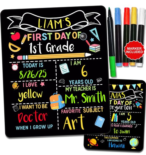 JMHACHY Double-Sided First Day & Last Day of School Sign with Markers Included - 12×10 Inch Reusable Back to School Chalkboard for Kids, Preschool, Kindergarten - Durable & Easy to Clean