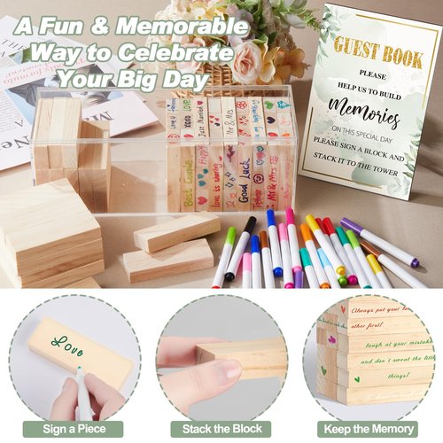 Beeveer 80 Pcs Wedding Guest Book Alternative Wooden Block Guest Book for Wedding Sign in Bridal Shower Decoration Wooden Block Bridal Shower Game for Sign in, Reception(Greenery)