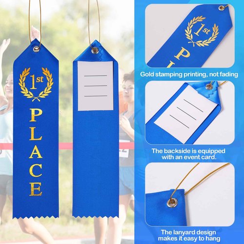 300PCS Award Ribbons, Medal Ribbons for 1st, 2nd, 3rd Place, Event Card & Rope Included,Perfect for Competitions, Sports Events, School Challenges, Vibrant Blue, Red, and White