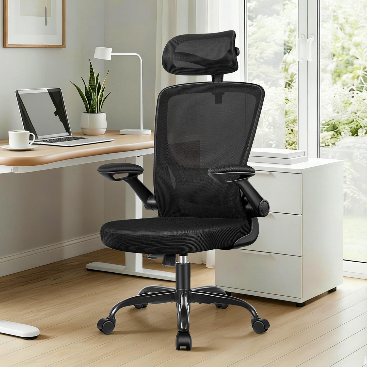 Ergonomic Office Desk Chair, Computer Desk Chair with Adjustable Lumbar Support, FILP-up Arms, Breathable Mesh Home Office Chairs Comfortable for Long Hours, Black