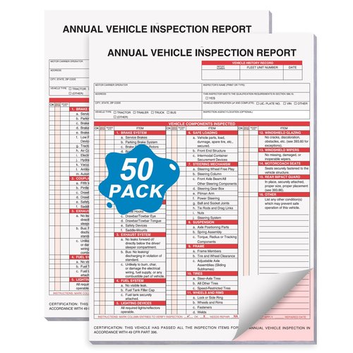 50 Pack Annual Vehicle Inspection Report Form Detailed Driver's Vehicle Inspection Report 8.5"*11.4" Dot Vehicle Inspection Forms 3-Ply Carbonless 25 Sets of Forms Per DVIR Book for Truckers