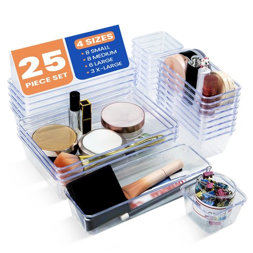 welsteepse 25 PCS Clear Plastic Drawer Organizer Set, 4 Different Sizes, Suitable for Drawers, Cabinets, and Storage Boxes. Perfect for Storing Cosmetics (white 25pcs)