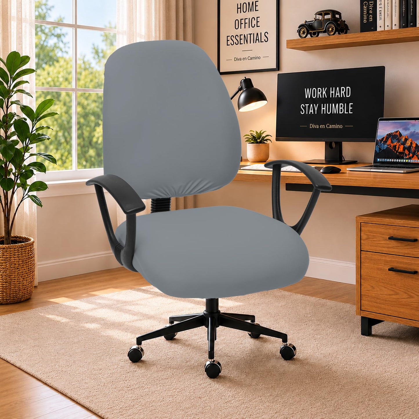 DIVA EN CAMINO DEC Stretchable Desk Office Chair Seat Covers - Universal Stretch Computer Chair Slipcover - Washable Rotating Backrest Coverings & Cushion Protectors for Dogs, Cats, Pets, Mid Gray