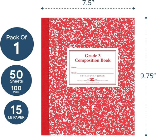 Roaring Spring Composition Book - Grade 3 Ruled, 50 Sheets, 9-3/4 x 7-3/4 Inches, Red