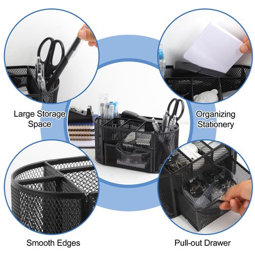 PrintPulse Office Supplies for Desk,14pcs Black Desk Sets and Accessories, Office Supply Kit with Mesh Desktop Organizer and Stapler,Staple Remover, Staples,Tape Dispenser,Sticky Tabs,Scissors, Ruler