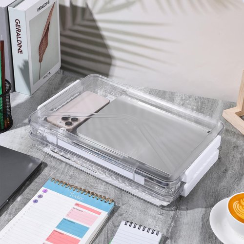 mekueeex 4 Packs File Box Clear Portable Project Case with Handle Plastic Stackable Paper Storage Box Document Magazines File Boxes Holder for A4 Letter File Scrapbook Storage Photo Protector Case