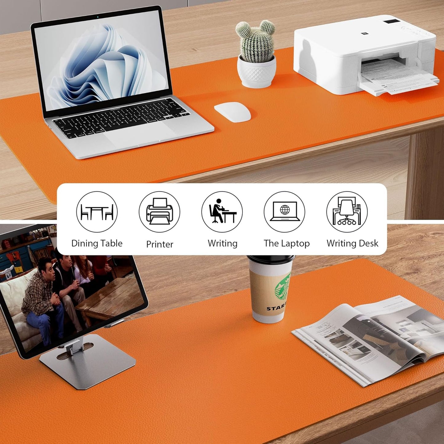Aothia Leather Desk Pad Protector - Large Non-Slip PU Leather Mat | Waterproof Office Blotter (48"x17", Hermes Orange)