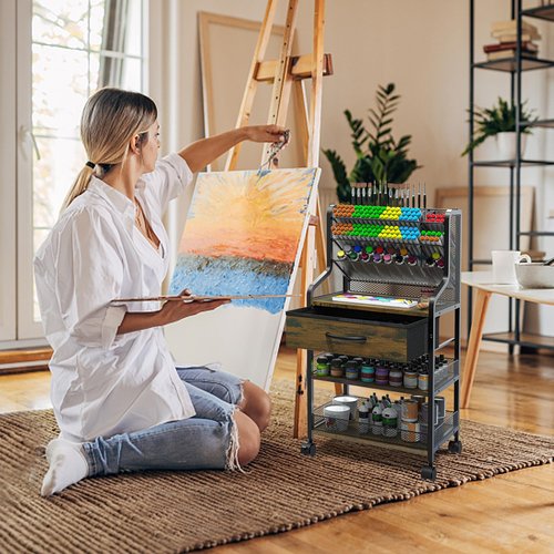Beroun Rolling Art Cart 3 Tier Craft Cart with Wheels and Storage Drawer Metal Utility Cart Organizer for Drawing Room Home Office Studio for Storing Brushes Paints and Storage Supplies