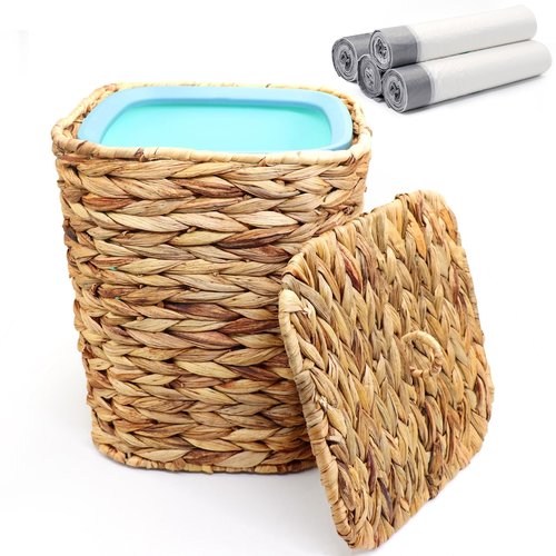 Oranwell 3 Gallons Wicker Waste Basket Can with Lid & Liner, Handwoven Wastebasket Wastepaper Basket with 60Pcs Bag, Wicker Trash Garbage Rubbish Can Bin Basket for Bedroom Bathroom Kitchen Office