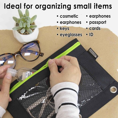 BAZIC Products Pencil Pouch 3 Ring Binder Pouch w/Rivet Enforced Rings Holes, Neon Black Color Mesh Window Zipper Pouches, 24-Pack