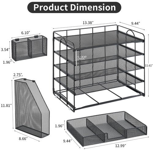 Youbetia Paper Tray Organizer with Mesh File Holder, 5 Tier Desk Accessories & Workspace Desk Organizers with Pen Holder, Office Desk Accessories Desktop Organization for Office Supplies (Black)