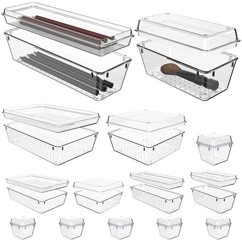 Flybok 28 Pcs Clear Acrylic Drawer Organizer Set, Upgrade Lid Design, 5 Size Bathroom Vanity Organizer Tray, Acrylic Makeup Drawer Organizer, Storage Containers for Kitchen Junk Utensils Office