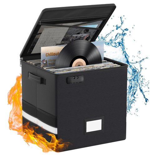 Ohwekit Vinyl Record Storage Box with Lock, Fireproof & Water-Resistant Record Organizer for 100+ 12-inch Vinyl Albums, Collapsible Crate with Lid & Handles, 13"x13"x13" Record Case