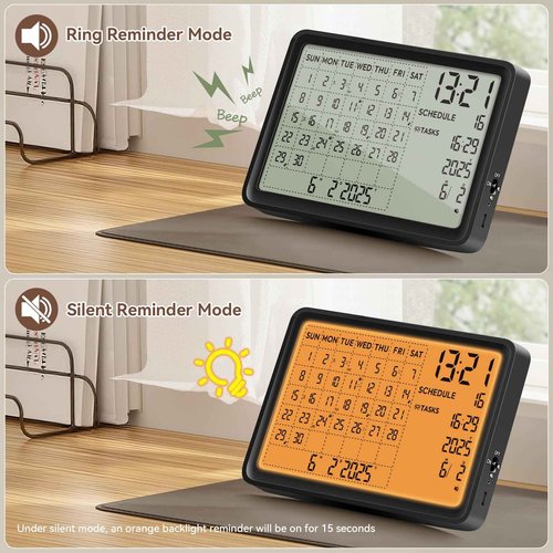 Digital Calendar, Digital Desk Planner with Schedule Reminder Clock with Day and Date, Chargeable 8 Inch Large Display Electronic Calendar Office Home School Family for Wall Mount & Desktop 2025-2055 (Black, 8 inch)
