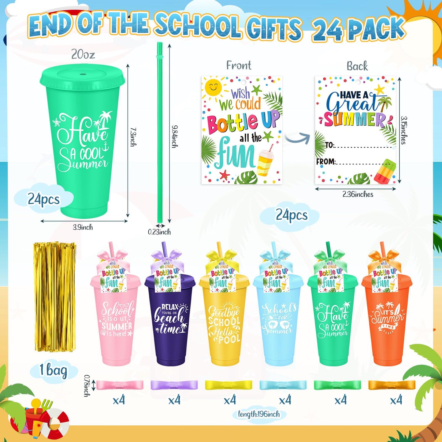 Teenyyou 24 Packs End of The Year Gifts for Student 24 oz Summer Plastic Cups with Lid and Straw Bulk Summer Graduation Reusable Tumblers with Cards for Pool Vacation Party Supplies(Classic)