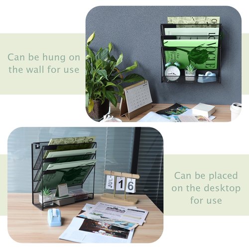 ideallife 3 Pockets Mesh Wall File Holder Organizer with Bottom Flat Tray, Office Hanging File Folder Magazine Rack, Nametag Label Hooks Set Included, Black