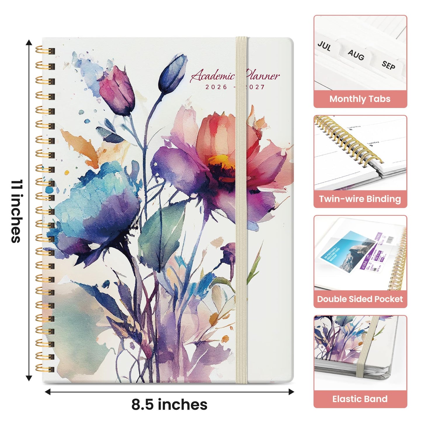Planner 2026-2027, Academic Monthly and Weekly Calendar Planner for Women, July 2026 - June 2027, Hardcover Pretty Agenda Planner Book with Tabs, Spiral Daily Organizer for School Office Home Supplies, 8.5" x 11" - Painted Bloom
