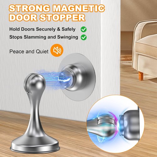 Crosize Magnetic Door Stoppers - Stainless Steel Wall & Floor Mounting | No-Drill Adhesive Tapes, Silver - 2 Pack