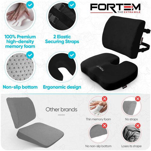 FORTEM Office Chair Cushion and Back Support for Office Chair, Lumbar Support Pillow, Memory Foam, Non Slip Sitting and Back Rest for Gaming, Car Seat Cushion, Chair Pad