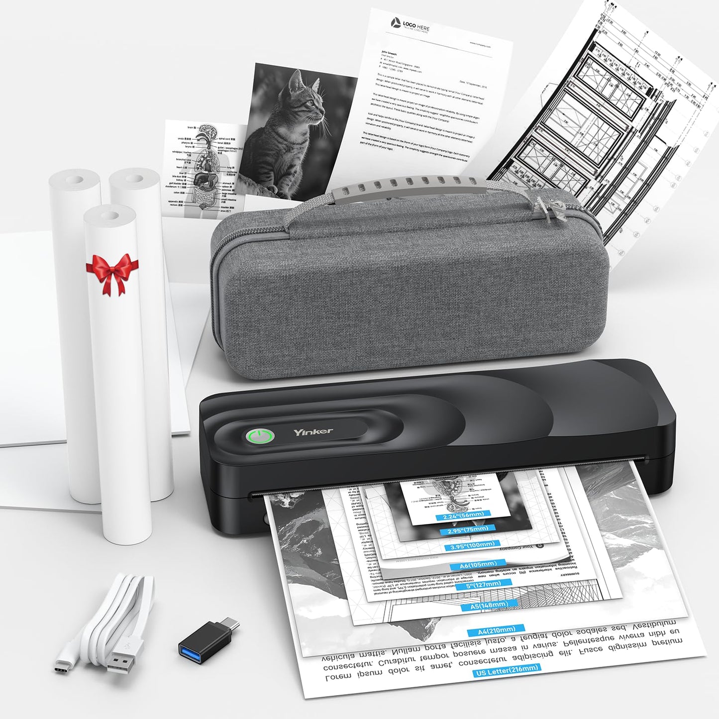 Yinker Portable A4 Thermal Printer | 3 Rolls Thermal Paper & 2 Folding Papers Included | Inkless Bluetooth Printer w/Carry Case, Supports 8.5"x11" US Letter, Cellphone APP Compatible for Travel