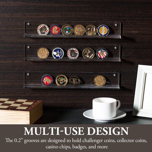 MyGift Wall Mounted Premium Clear Acrylic Challenge Coin Holder, Casino Chip Collectors Display Rack, Single Row Military Coins Collection Shelf, Set of 3
