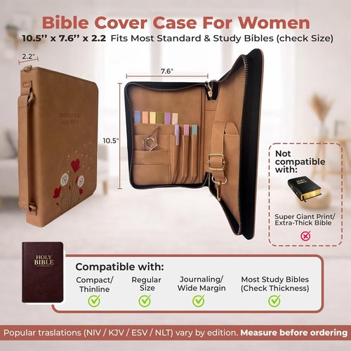 Regine Switzerland Bible Cover for Women - Durable PU Leather Case with Thumb Page Holder & Shoulder Strap | Elegant Christian Gift