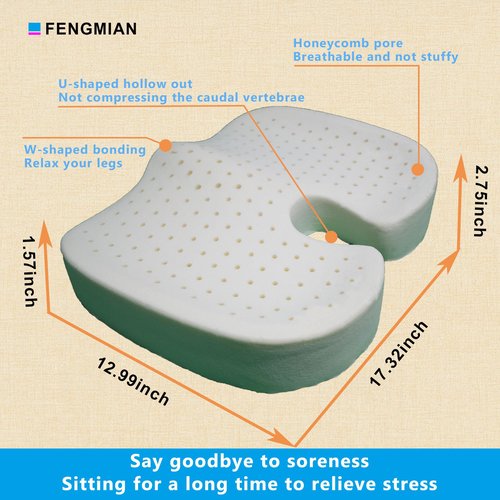 FENGMIAN Natural Latex Seat Cushion - Soft, Bouncy and Relieves Pressure - Suitable for Office Chair, Home Chair, Car, Gaming, Wheelchair, Meditation, and Yoga (Gray)