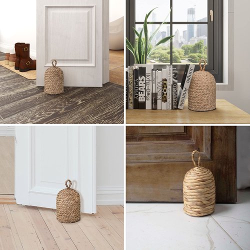 PEMAR Natural Wicker Door Stopper with Handle, Decorative Door Stop, Heavy Indoor Doorstop, Rustic Farmhouse Blocker Jammer 5.1''D x 7.5''H (Seagrass)
