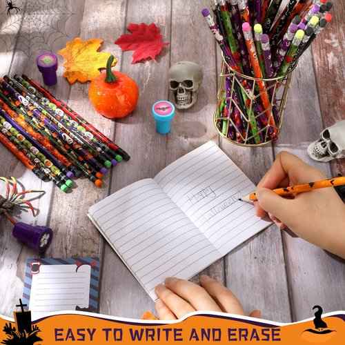 360 Pieces Halloween Pencil with Eraser Fun Assortment Halloween Themed Pencil Novelty Ghost Pumpkin Skeleton Bat Spider Wooden Drawing Pencils for Halloween Party Supplies
