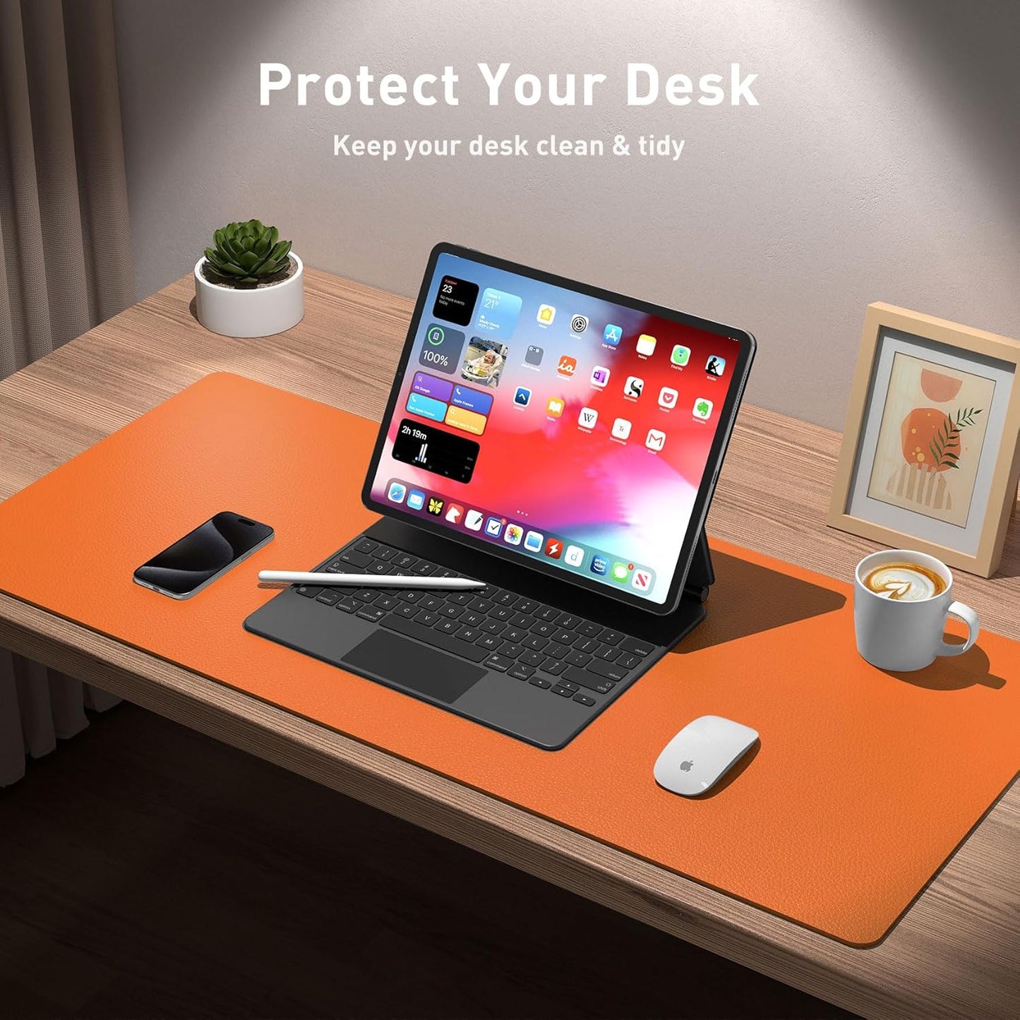 Aothia Leather Desk Pad Protector - Large Non-Slip PU Leather Mat | Waterproof Office Blotter (48"x17", Hermes Orange)