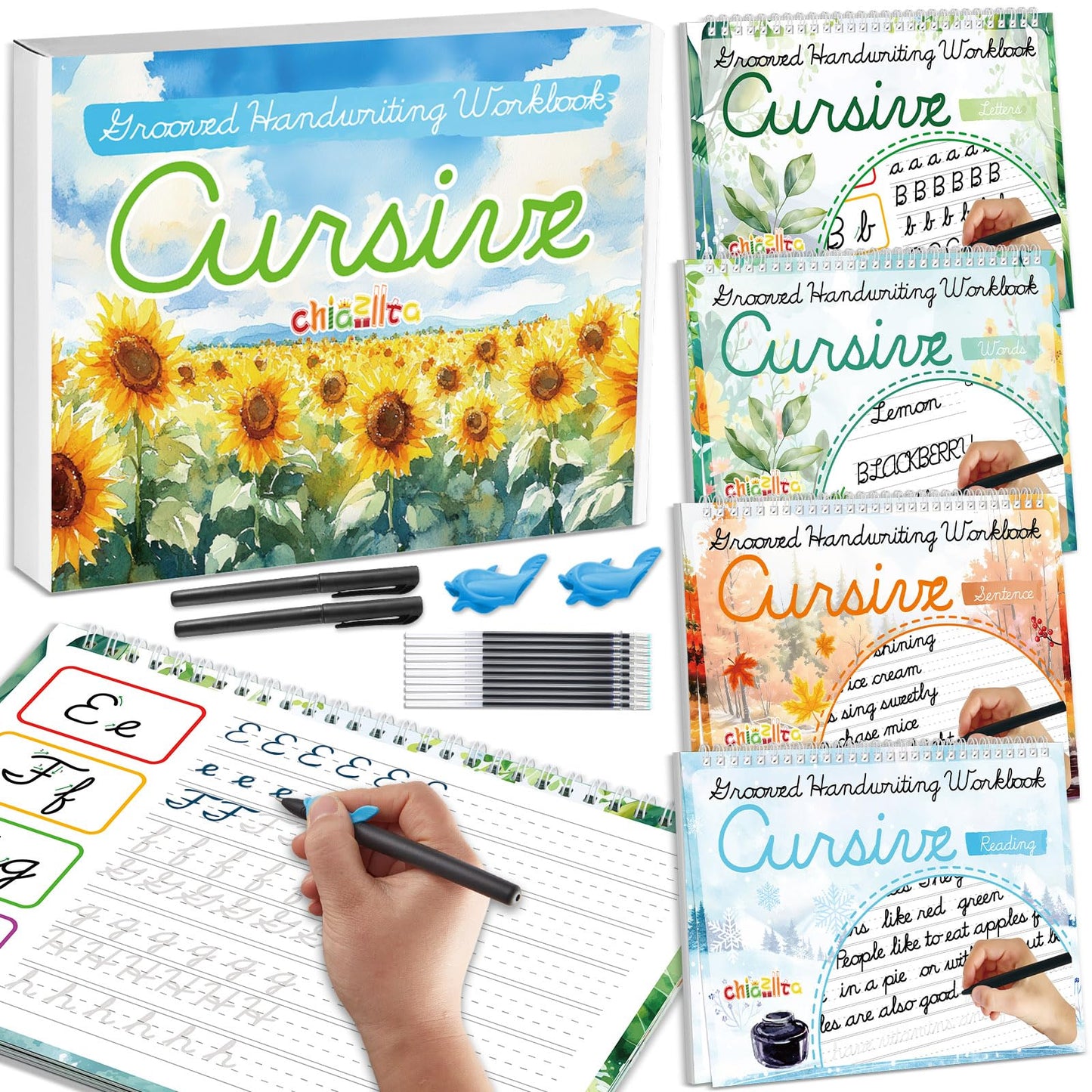 chiazllta 4 Pack Grooved Cursive Handwriting Practice Kit with Disappearing Ink Pens Magic Reusable Grooved Cursive Writing Workbooks Copybook for Beginners Kids (Words&Sentence&Reading&Letters)