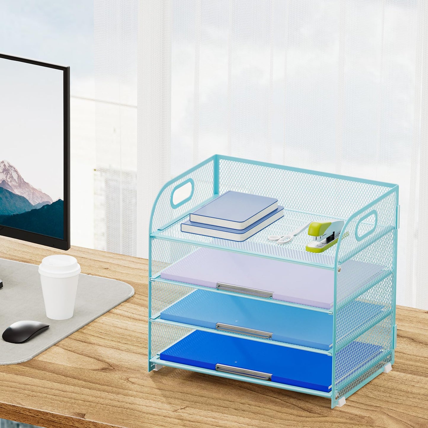 Marbrasse 4 Tier Paper Organizer Letter Tray - Mesh Desk File Organizer with Handle, Paper Sorter Organizer for Letter Office File Folder Holder (Blue, 12.6" x 9.1" x 10.7")