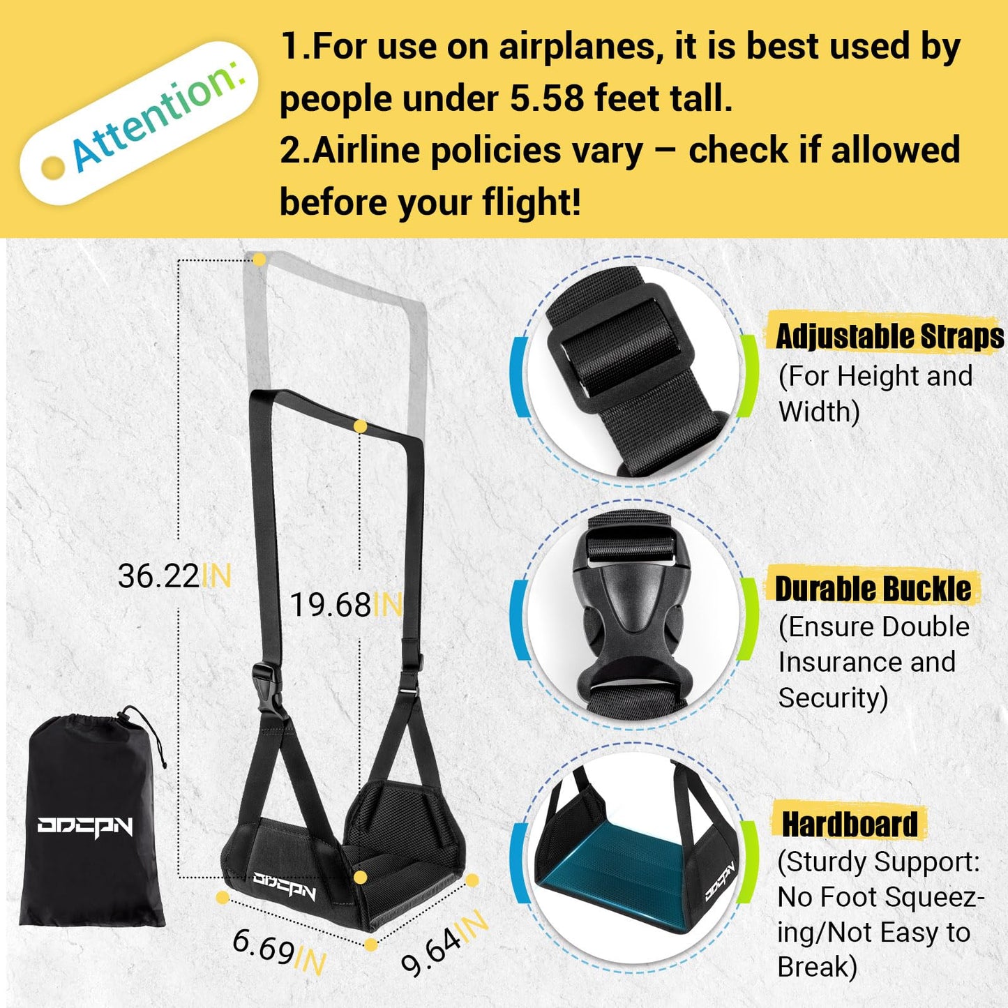 2-Pack Foot Hammock for Plane Travel, No Collapse Thickened Bamboo Airplane Foot Rest with Extended Adjustment Strap, Portable Desk Foot Hammock to Relax Your Feet, Foot Sling Travel Essentials(Black)