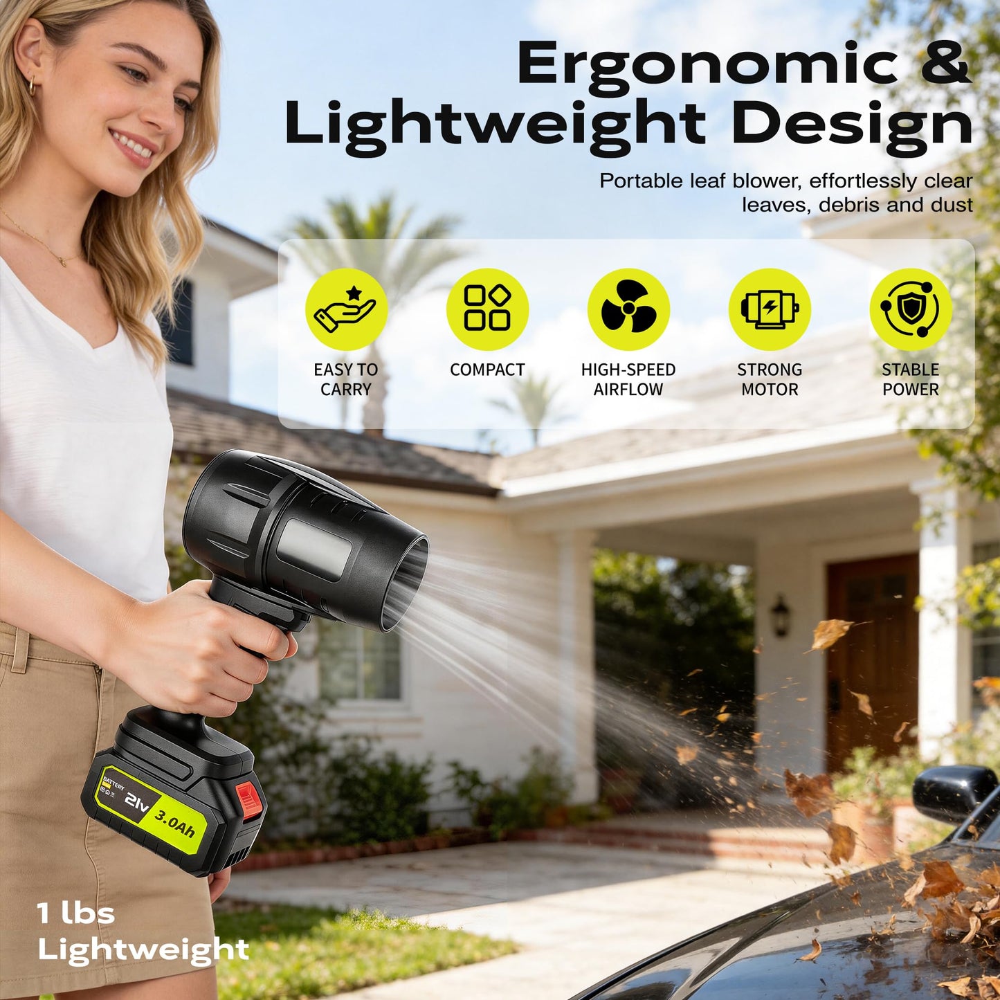 IOOKNA Leaf Blower Cordless, 100000 RPM Electric Portable Leaf Blower with 21V, 2 x 3.0Ah Battery, Ultra-Light Turbo Handheld Blower for Leaves, Patio, Snow, Lawn, Dust