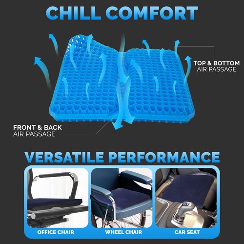 Gel Seat Cushions for Long Sitting- Extra Large & Ultra Thick(2" Inch)- Office Chair Cushion for Pressure Relief, Sciatica, Hip & Back Pain- Car Seat, Wheelchair, Truck Driver Seat - Non-Slip Ties