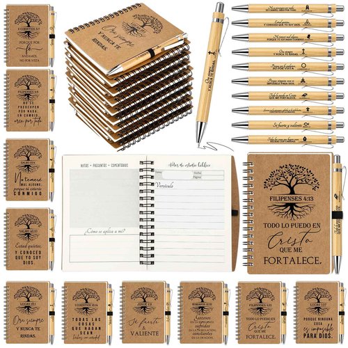 Spakon 30 Sets Christian Gifts for Women Men Bulk Spiral Kraft Prayer Journals Notepad Bible Verse Pen Religious Daily Planner Notebook for Church VBS Sunday School Teacher (Tree Style)
